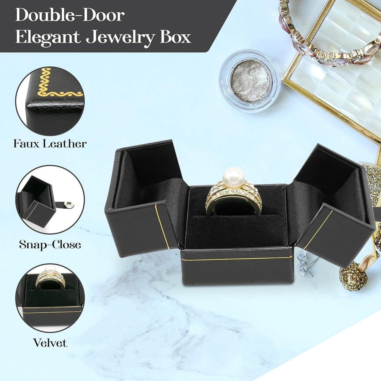 Novel Box 2 Door Black Jewelry Box for Rings 2x1.75x1.4 Inches - Double Door Ring Gift Boxes with Gold Trim - Faux Leatherette Ring Storage Case - Gift Presentation Cases for Rings Only