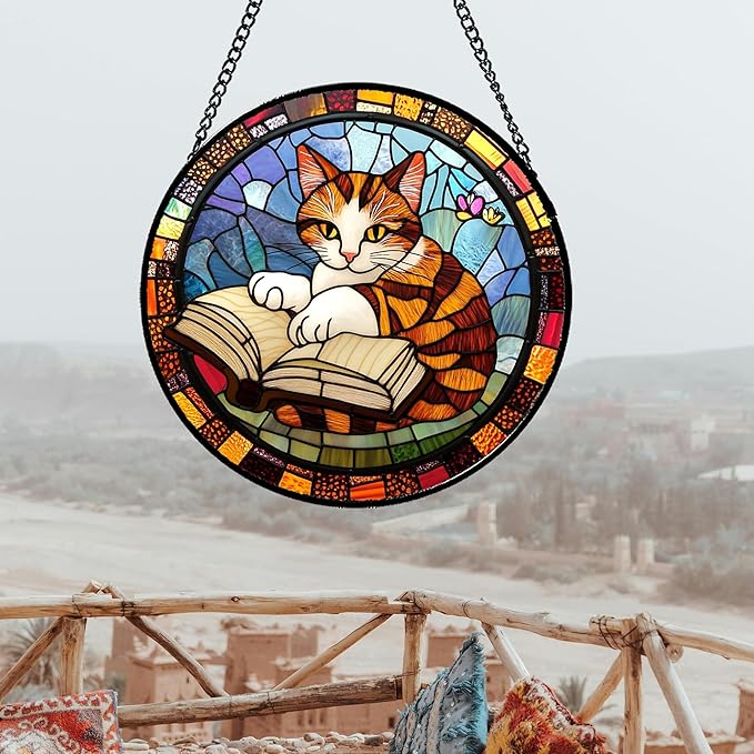 Stained Glass Window Hanging Little Cat Reading 7.8" - Suncatcher Door Garden Kitchen Sunroom Sun Catcher Home Decor Birthday for Lost Pets Mom Grandma Men Woman Friend