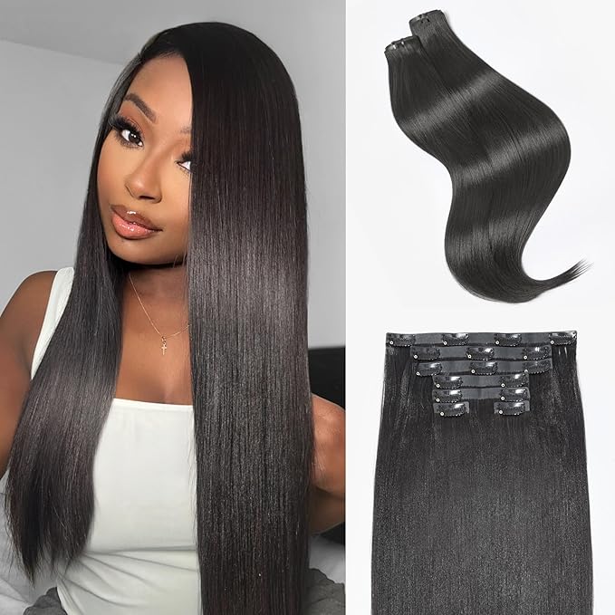 LUVME Seamless Clip in Hair Extensions Yaki Straight, 2 Pack 16 Inch 100g 7PCS, Natural Black Real Human Hair, Lightweight All Day Wear, Adds Volume for Fuller Hair, For Daily Use and Parties