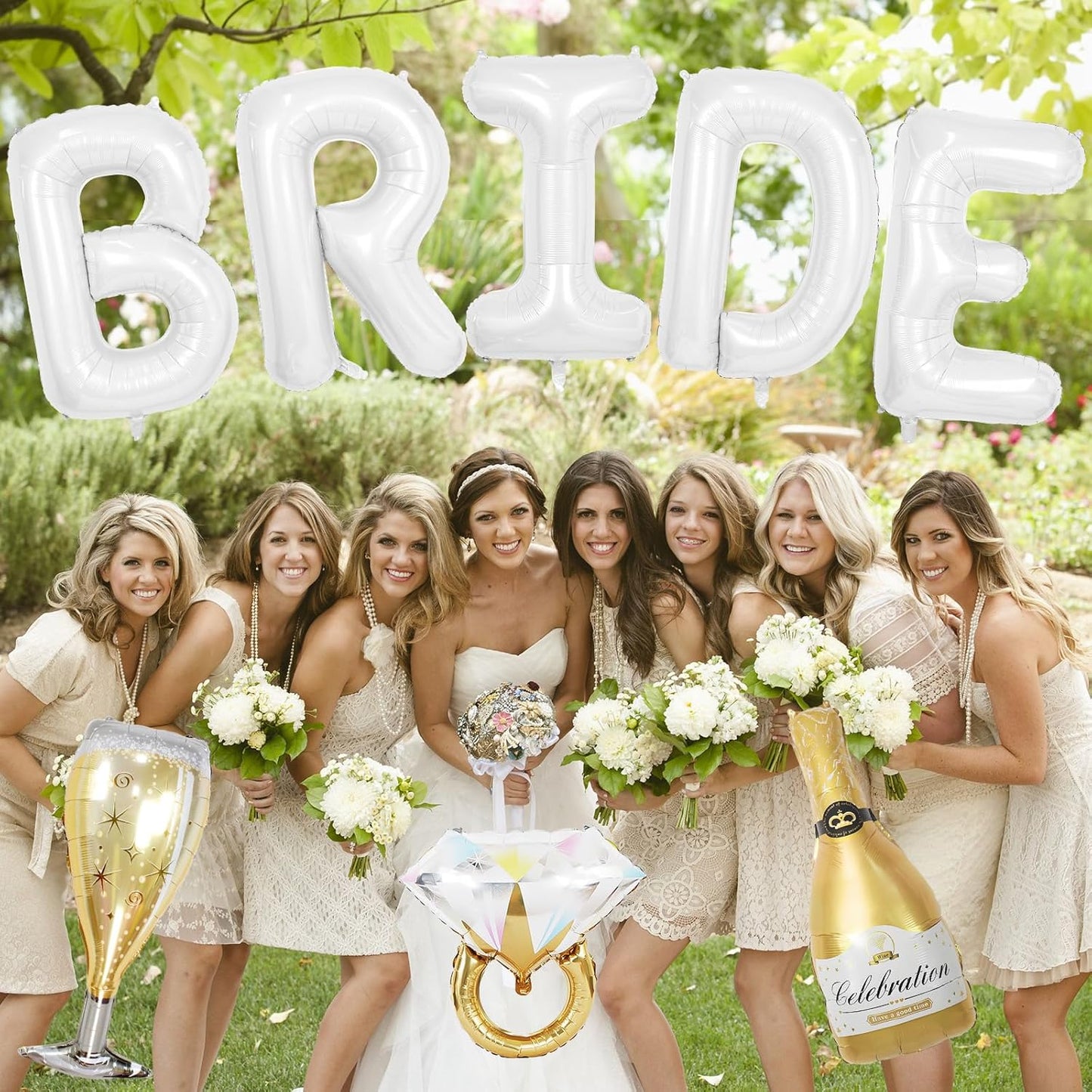 40inch Bride Balloons White Letters Banner, Bachelorette Party Decorations Set with Diamond Ring Champagne Bottle Balloon Glass Foil Balloon for Bachelorette Engagement Wedding Bridal Shower Decor