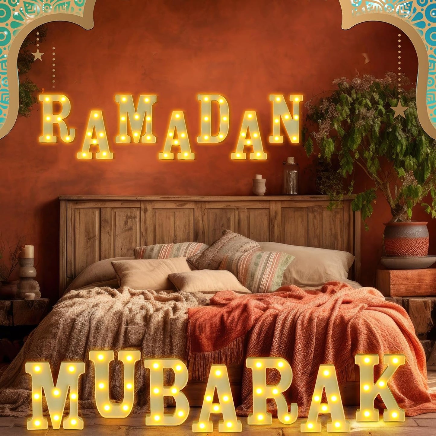 Sukkot Large LED Letter Sign LED Lights Battery Powered Table Decoration for Party Gift Tabletop Decoration(Ramadan Mubarak)