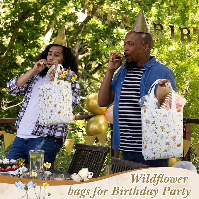 Supervitae 24 Pack Wildflower Butterfly Gift Bags Medium Floral Party Favor Bags Reusable Totes Non Woven Goodie Totes for Spring Summer Wedding Birthday Baby Shower Family Travel(9.8" x 7.9" x 3.9")
