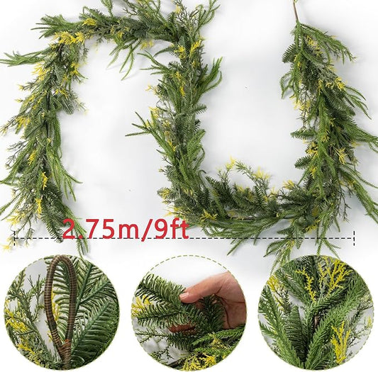 9ft Handmade Christmas Garland,Artificial Cypress Cedar Pine Needles Greenery Seasonal Garland for Christmas Fireplace Winter Holiday Indoor Outdoor Decoration