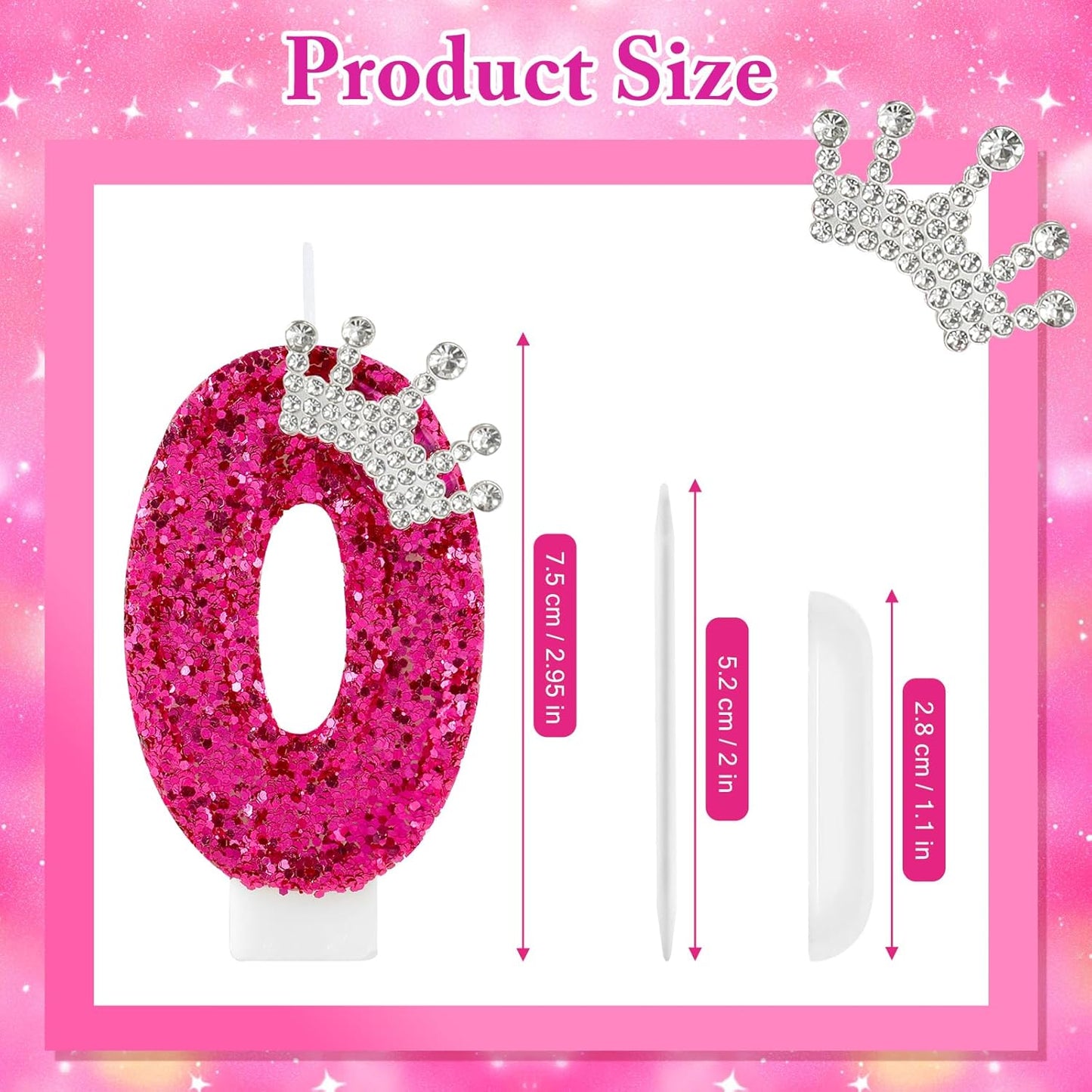 Hot Pink Birthday Candles Crown Number 0 Candle Birthday Party Decorations Cake Topper Cupcake Decor for Anniversary Celebrations Supplies