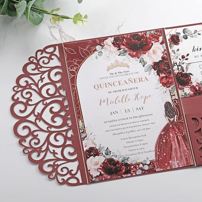 50PCS Burgundy Wedding Invitation Bridal Shower Invitations with Envelopes RSVP- Laser Cut, Personalized Paper Cards for Birthday Party Quince Anniversary