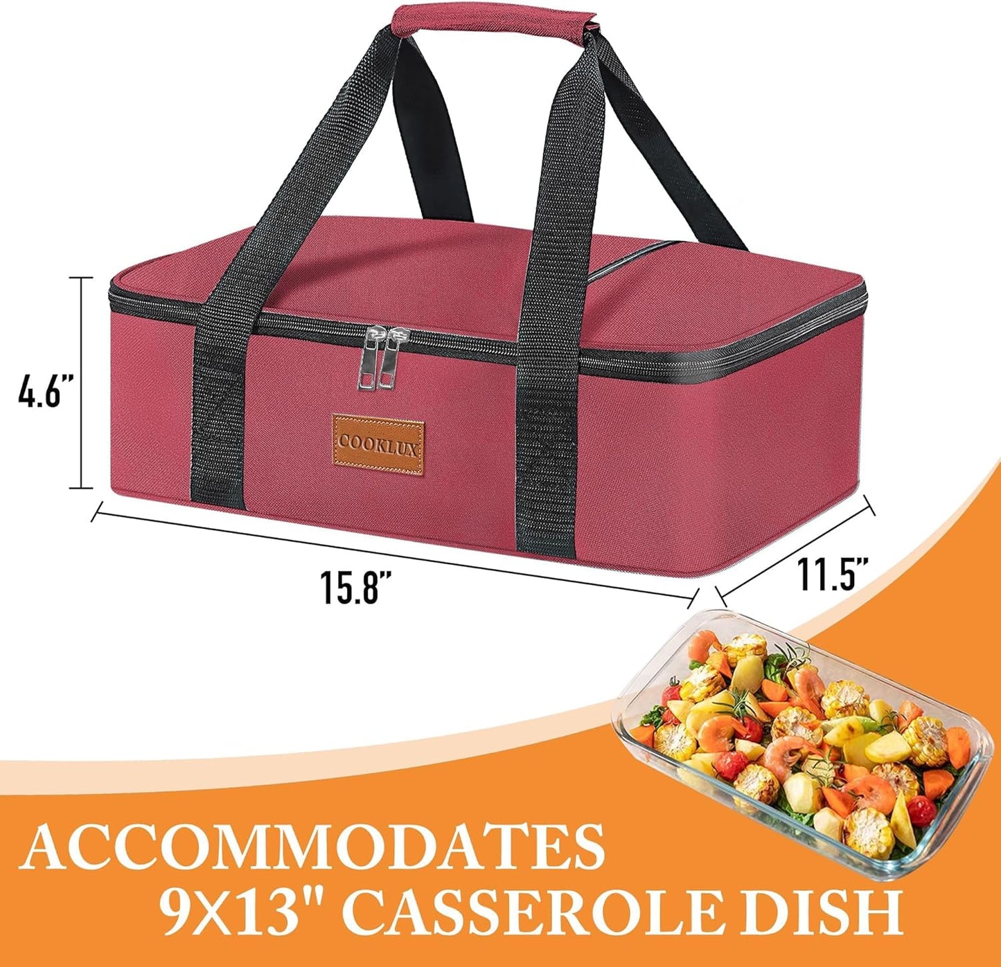Burgundy Insulated Carrier for 9x13 Food, Perfect for Travel/Picnic/Party, Durable Nylon, Leak-Proof Single Layer