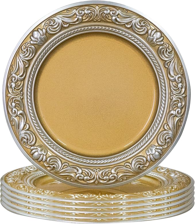 MAONAME 13" Round Charger for Dinner Plates, Gold Plate Chargers Set of 6, Charger Plates with Embossed Rim, Plastic Table Chargers for Wedding