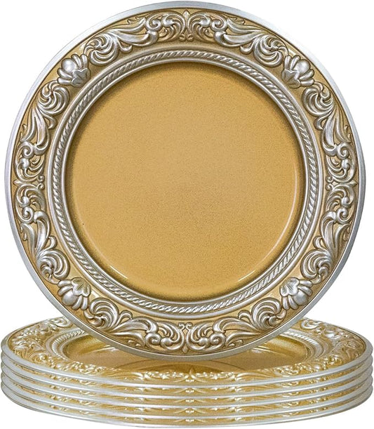 MAONAME 13" Round Charger for Dinner Plates, Gold Plate Chargers Set of 6, Charger Plates with Embossed Rim, Plastic Table Chargers for Wedding