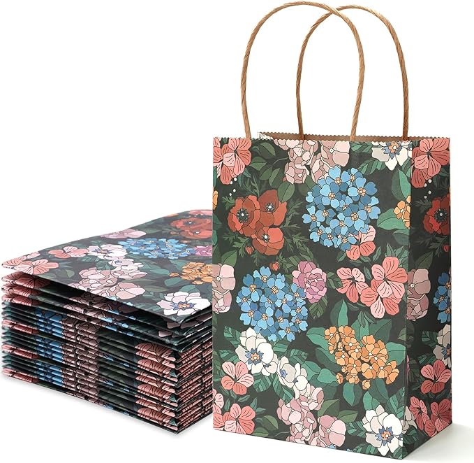 JarThenaAMCS Floral Kraft Paper Gift Bags Vintage Botanic Candy Goodie Treat Bags with Handles Reusable Grocery Bag for Spring Summer Mother's Day Birthday Wedding Party Favors Supplies
