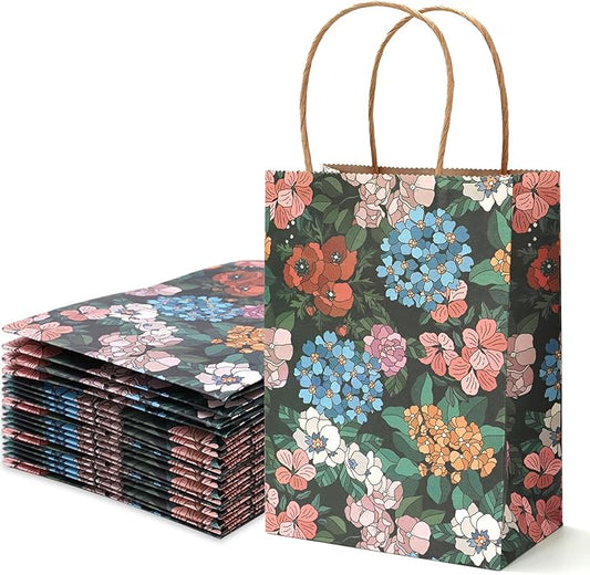 JarThenaAMCS Floral Kraft Paper Gift Bags Vintage Botanic Candy Goodie Treat Bags with Handles Reusable Grocery Bag for Spring Summer Mother's Day Birthday Wedding Party Favors Supplies