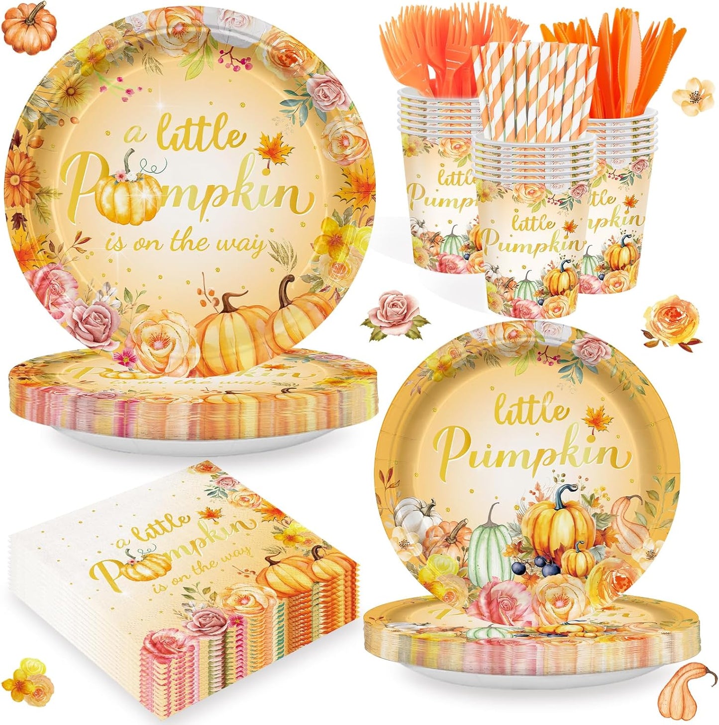 168PCS Little Pumpkin Party Supllies for Girls Boys Boho Fall Floral Birthday Party Decorations Thanksgiving Tableware Autumn Farm Plates Cups Napkins Cups Dinnerware for 24 Guests