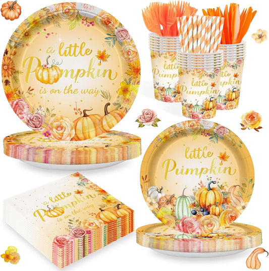 168PCS Little Pumpkin Party Supllies for Girls Boys Boho Fall Floral Birthday Party Decorations Thanksgiving Tableware Autumn Farm Plates Cups Napkins Cups Dinnerware for 24 Guests