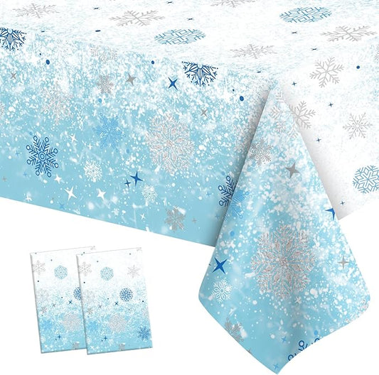 2 PCS Blue White Plastic Snowflake Tablecloth(54x108 Inch) Frozen Birthday Winter Wonderland Decorations Disposable Table Cover Tablecloths for Christmas Holiday New Year Party Favors Supplies Decor