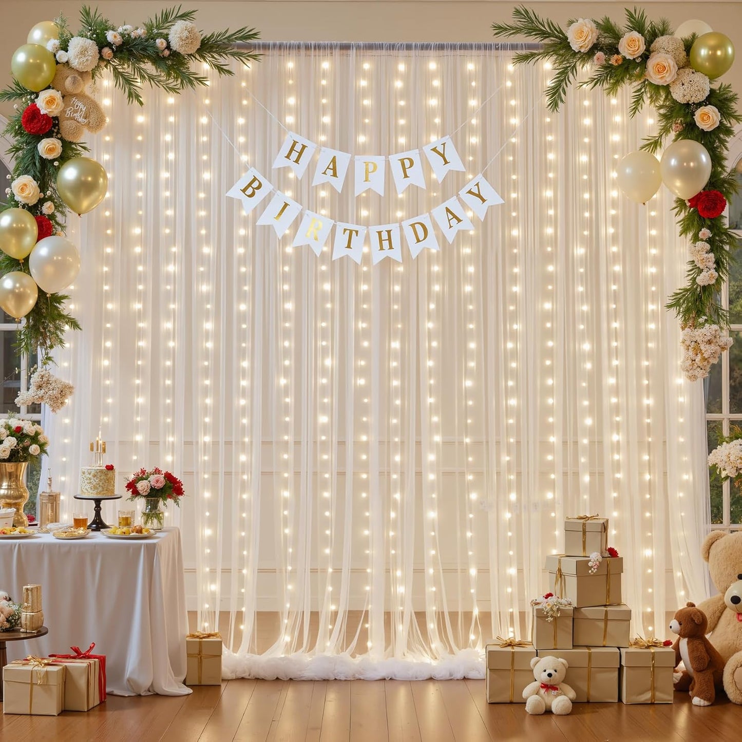 Ivory Tulle Backdrop Curtains with Lights String for Parites Wedding 10×10ft Sheer Backdrop Curtains for Baby Shower Birthday Party Photo Shoot Background Decorations