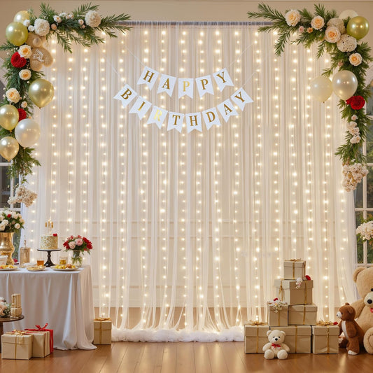 Ivory Tulle Backdrop Curtains with Lights String for Parites Wedding 10×10ft Sheer Backdrop Curtains for Baby Shower Birthday Party Photo Shoot Background Decorations