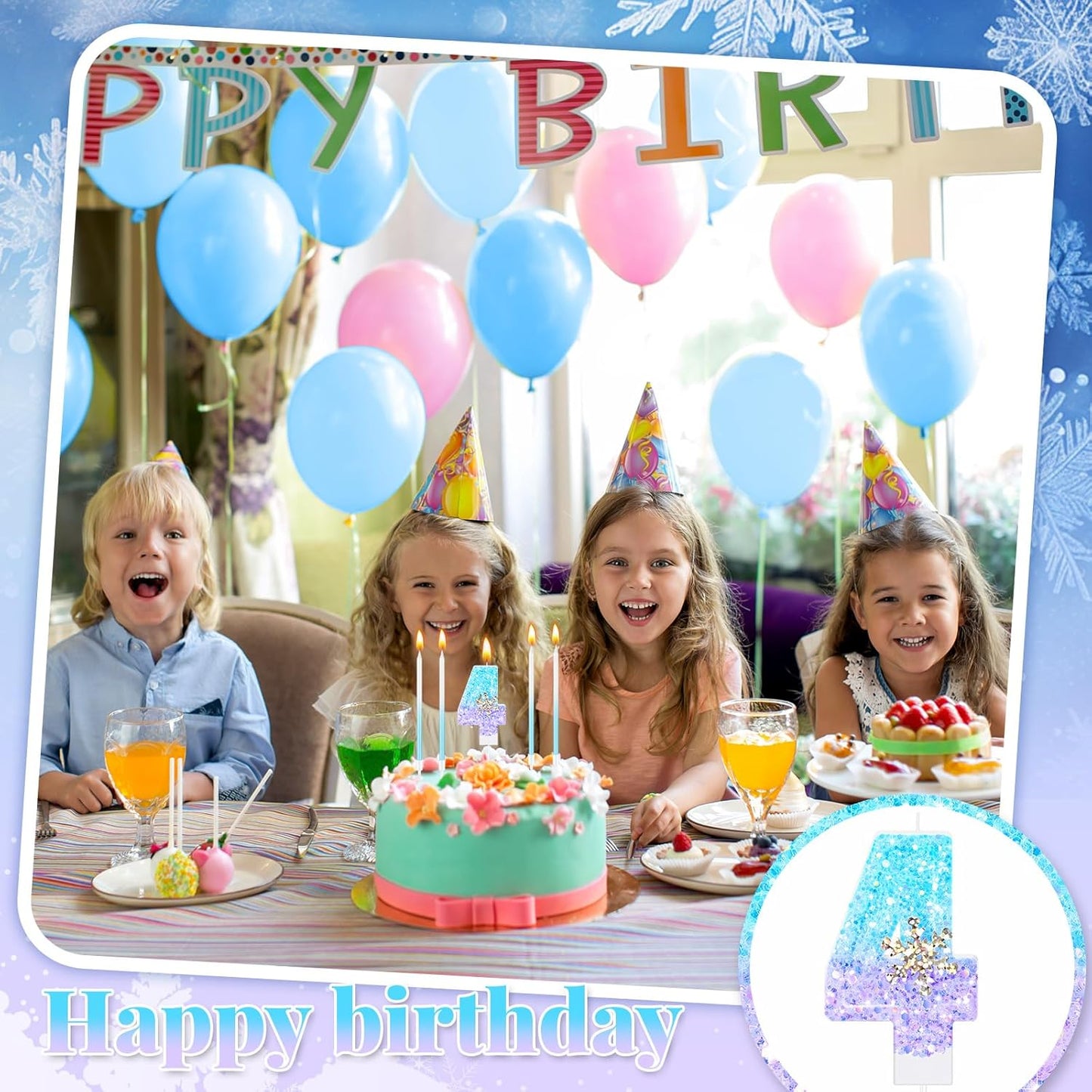 MTLEE Number 4 Birthday Candle Blue Snowflake with 6 Long Thin Cupcake Candles Blue Sparklers Glitter Number Happy Birthday Cake Topper Decorations for Winter Party Supplies