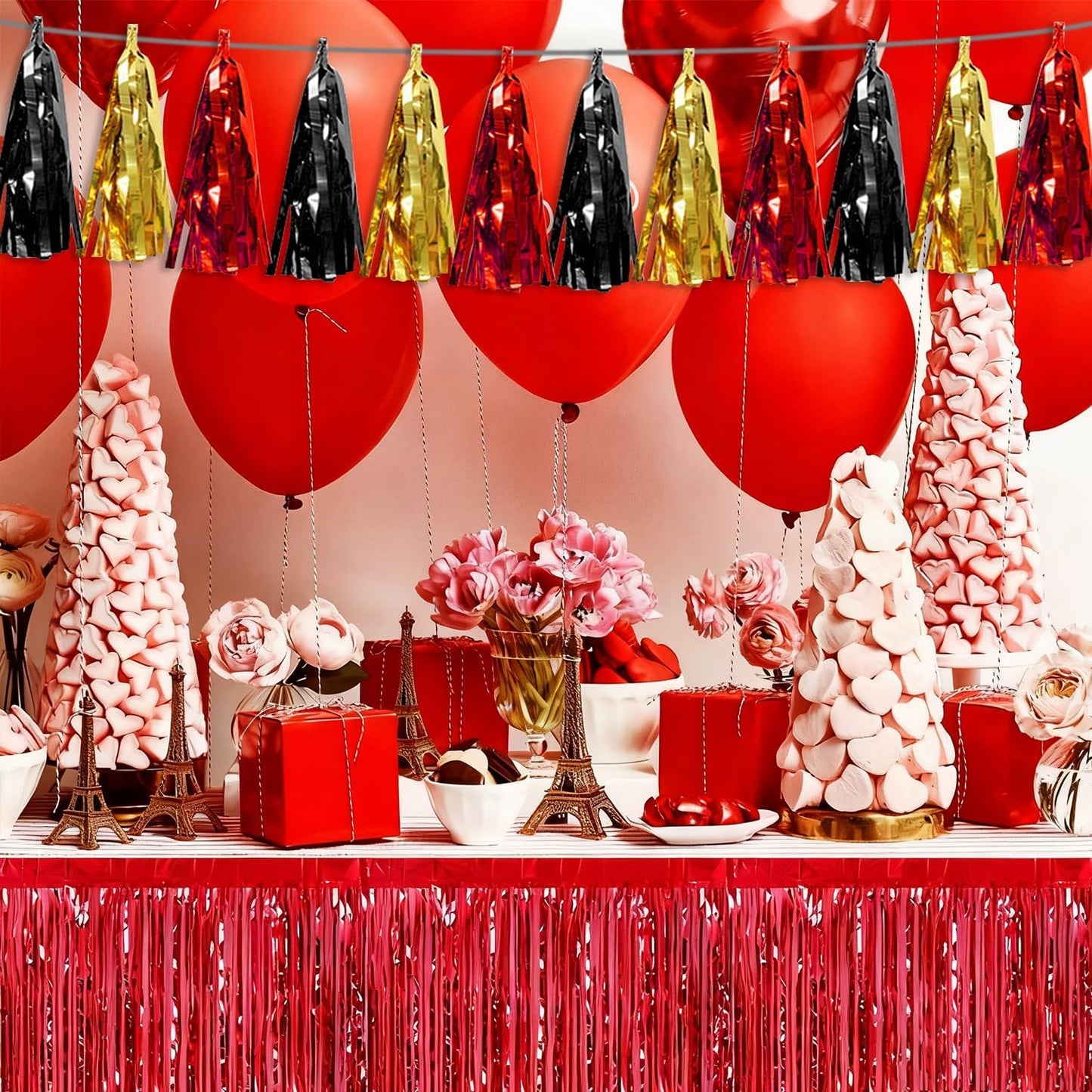 4P Red-Black Gold Tassel Banner Garland Metallic Foil Fringe Banner Tinsel Tassels Streamer Banner Backdrop for Parade Floats, 2025 Graduation Decorations, Baby Bridal Shower Party Decoration