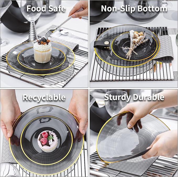 N9R 60PCS Black Plastic Plates with Gold Rim, Elegant Disposable Plates, Circular Ribbed Design, 30 Dinner & 30 Dessert Plate for Parties, Weddings, Halloween, Banquets and Events (Translucent Black)