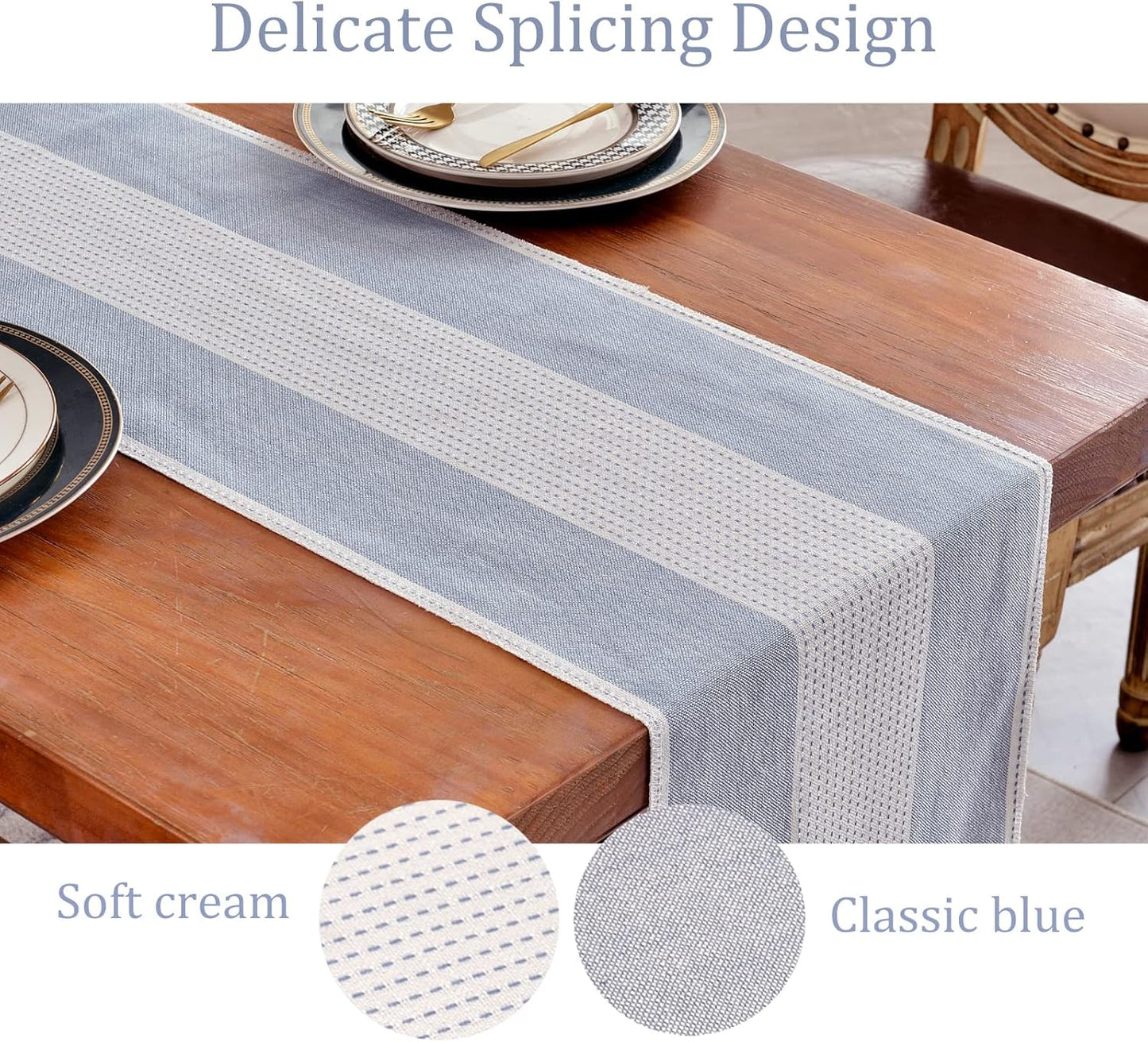 Wracra Linen Table Runner, Farmhouse Macrame Table Runners 60 Inches Long for Dining Table Decor, Wedding, Party and Dresser Decor (Blue,60")