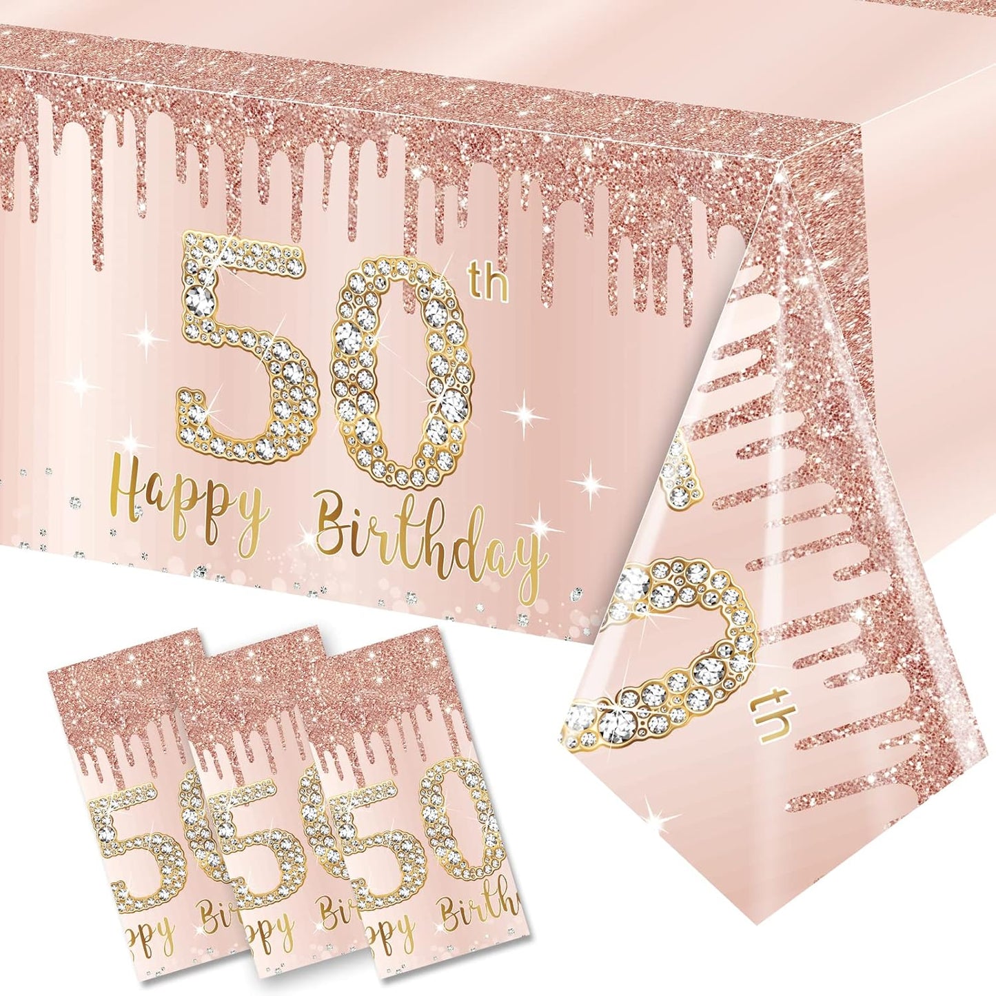 Excelloon 3 Pack 50th Birthday Tablecloth Decorations, Pink Rose Gold Happy Birthday Table Cover, Plastic Disposable Rectangular Table Cloth Decor