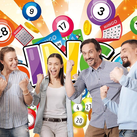 Homewelle Bingo Night Orange Colorful Backdrop 7Wx5H Feet Polyester Fabric Gaming Gamer Game Time Cards Contest Casino Decoration Winning Snooker Ball Winner Photography Background Photo Shoot Props