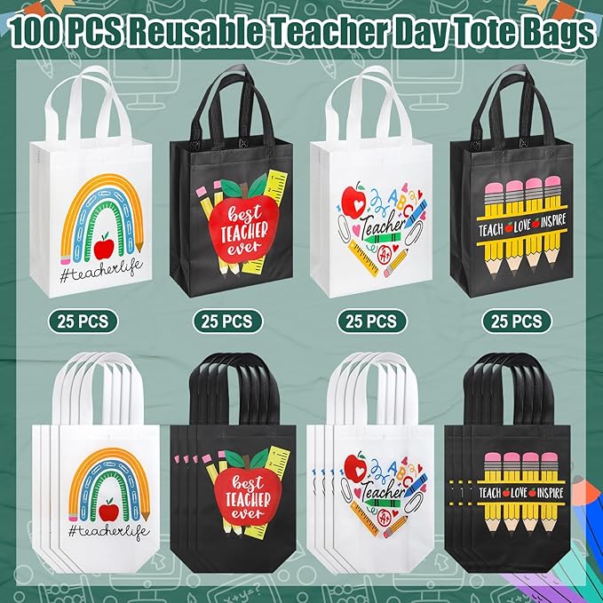 Wesnoy 100 Pcs Teacher Appreciation Gift Bags Bulk Thank You Teachers Reusable Non Woven Treat Goodie Tote Bags with Handles Gifts Wrap for School Office Graduation Retirement Party Supplies