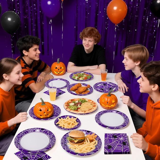 Paper Plates & Napkins, 25 Guest Disposable Party Supplies, Spider Webs and Spider Patterns Tableware Decorations Favors, 75pcs Including 9" & 7" Plates & Napkins for Halloween, Birthday, and Parties