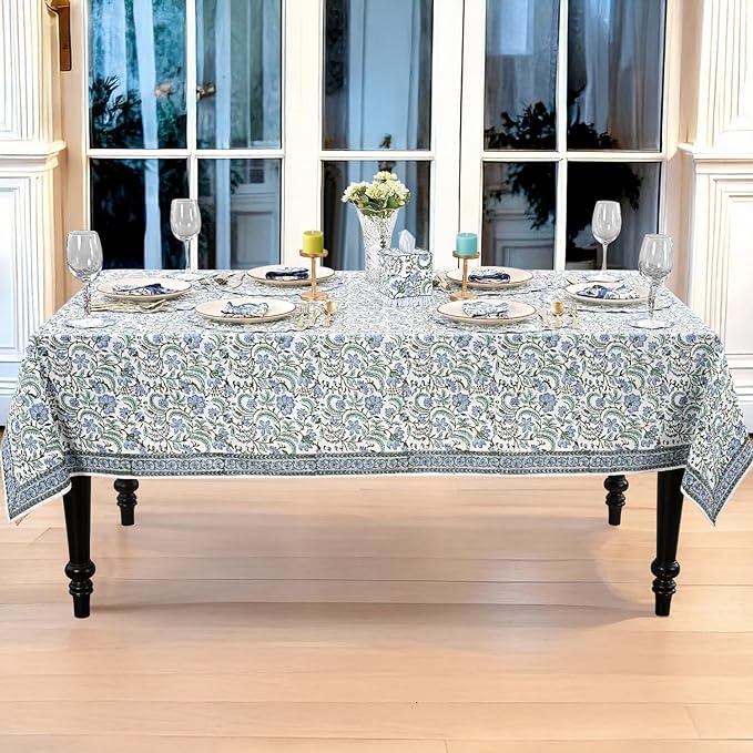 Ridhi Dark Columbia Blue, Turquoise Green 60x60 Inches Square 100% Cotton Hand Block Print Washable Decorative Spring Summer Parties/Wedding Use,Fall décor Farmhouse Dining Dinner Tablecloth`