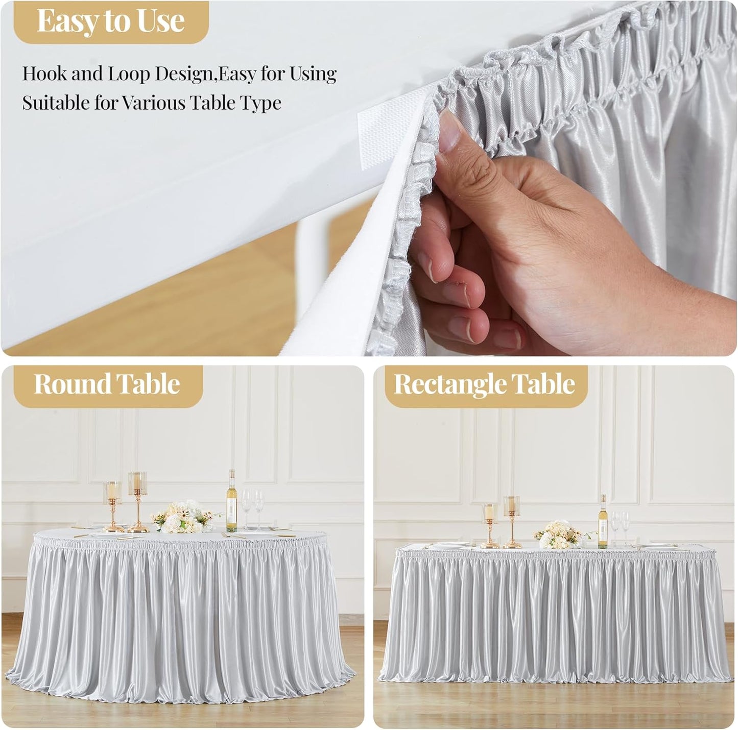 Wish Care 21ft Length Silver Satin Table Skirt for Rectangle Tables Wrinkle Free Glitter Desk Skirts Pleated Ruffle Table Cloth for Wedding Birthday Baby Shower Party Banquet Buffet Table Decorations