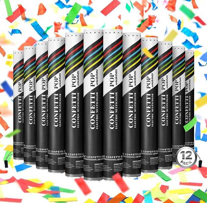 Electric Confetti Cannon Cartridges, 12 PIECES — 16" Multicolor Poppers for Weddings, Parties, Events | Requires 2-Shot/4-Shot Confetti Machine to Activate