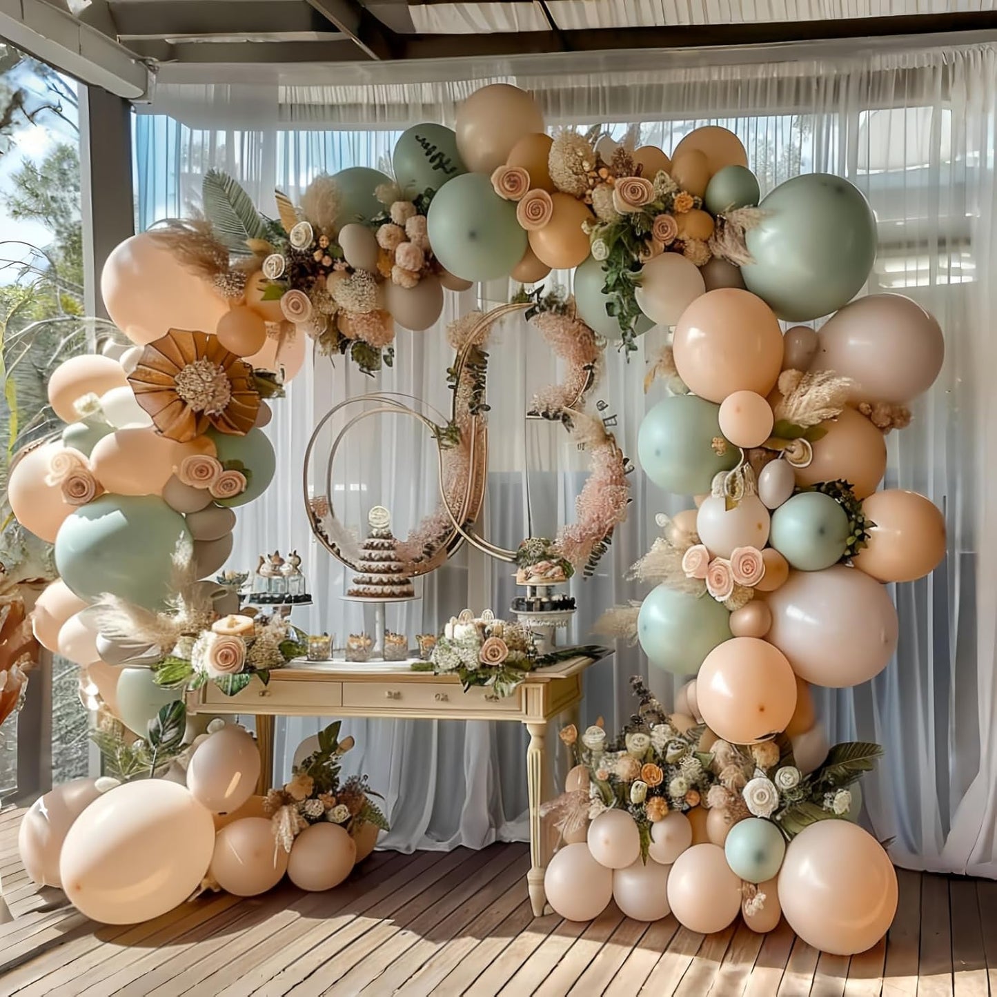 Pink and Dusty Green Balloons,50Pcs 12 Inch Brown Nude Boho White balloons Balloons with Ribbon for Girls Women Birthday Bridal Shower Wedding Tea Party Decorations