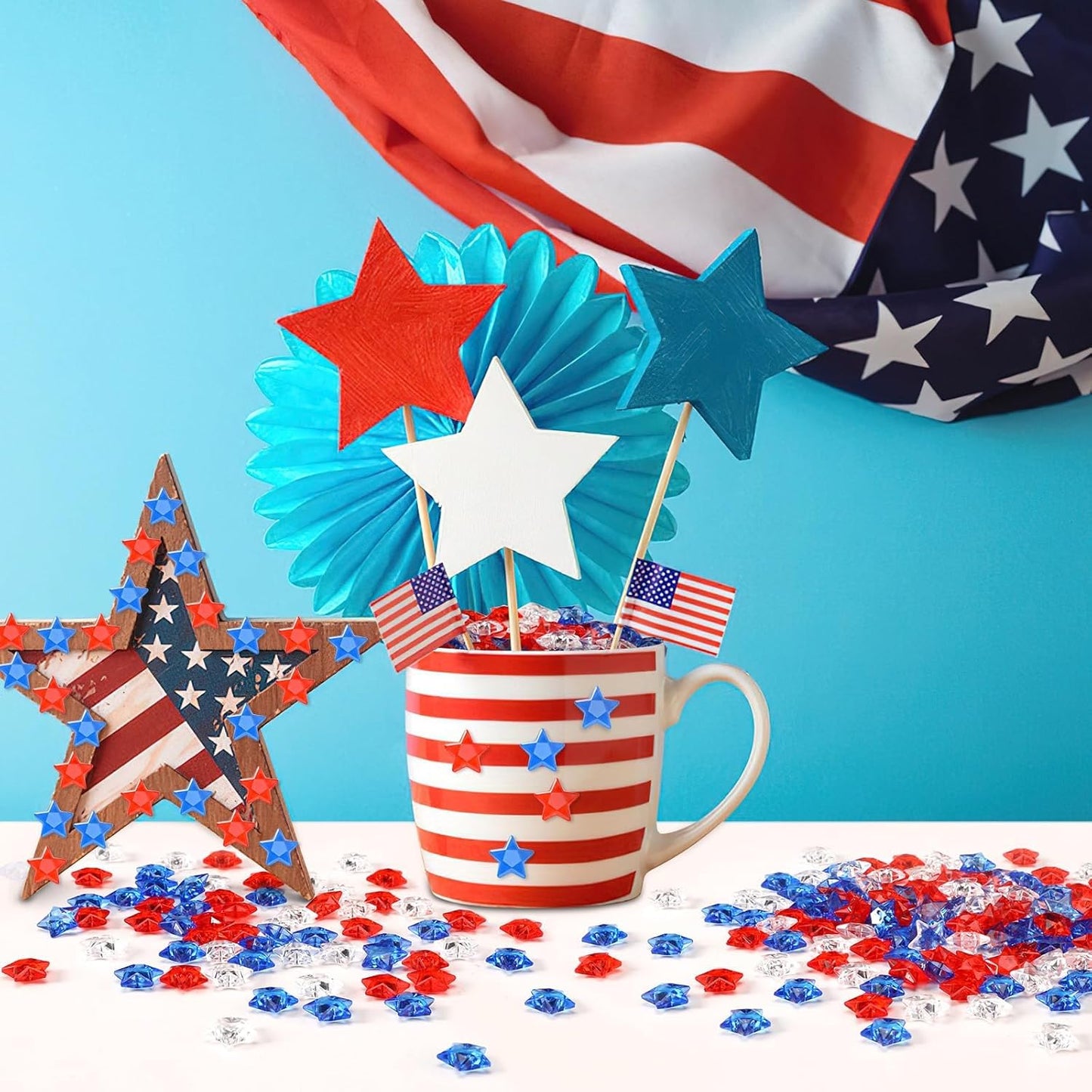 300pcs Patriotic Red Clear Blue Star Acrylic Crystals Gems Table Scatter Vase Filler for 4th of July Memorial Day Birthday DIY Crafts Home Party Decorations