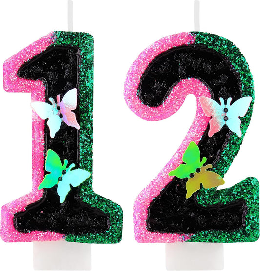 Birthday Number 12 Candles Pink Black and Green Butterfly Birthday Candles for Glitter Cake Topper with Sequins Decorations Girls Women Witch Theme Anniversary Celebrations Supplies