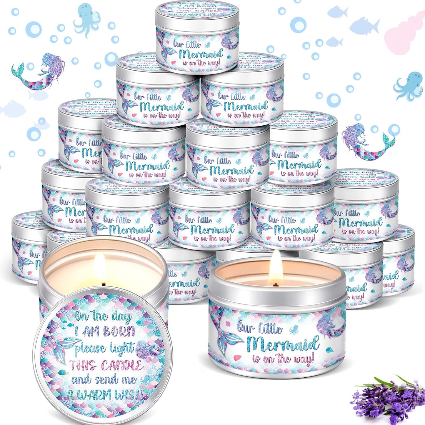 MTLEE 24 Pcs Mermaid Baby Shower Party Favors Candles Lavender Scented Baby Shower Favors for Guests Rustic Tealights Candles Gender Reveal Return Gifts Girl Boy(1.2 Oz, Colorful)
