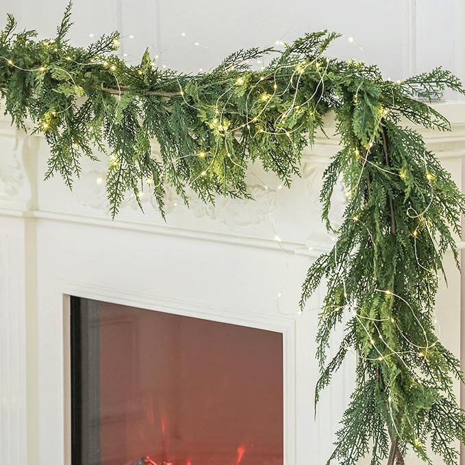 9ft Handmade Christmas Garland with LED String Lights,Cedar Artificial Greenery,Seasonal Garland for Fireplace Winter Holiday Indoor Outdoor Decoration