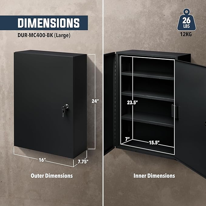 Durabox 2-Door Narcotics Cabinet - Double Door & Dual Key Lock Steel Cabinet for Safe Storage of Medicine, Prescription Drugs, Medical Supplies and More, 16"W x 24"H x 7-3/4"D (Black, Large)