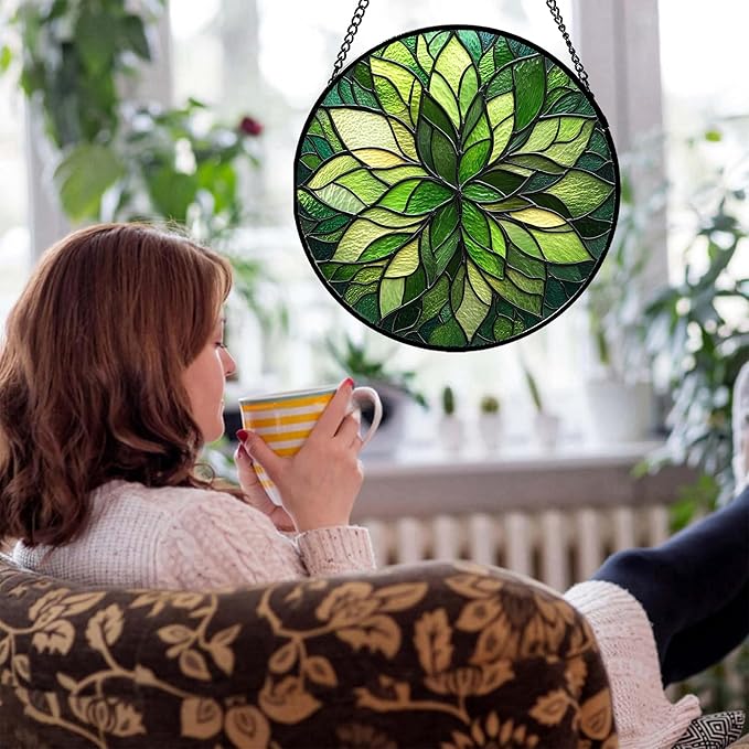 Stained Glass Window Hanging - Green Gradient Flowers Suncatcher for Doors Window Home Plant Sun Catchers Decor Christmas Mother's Day Birthday Gifts for Teacher Women Men Mom Nana 6.3 in