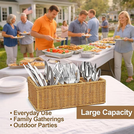 Wicker Utensil Caddy, Woven Rattan Silverware Caddy, Countertop Cutlery Storage Basket Flatware Organizer, Knife Fork Spoon Holder for Party, Cabinet Tabletop Utensil Holder (L, brown)