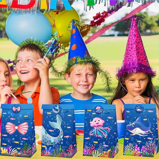 Inshinern Ocean Animals Party Favor Bags 12Pcs – Under the Sea Goodie Bags with Stickers for Kids Birthday & Baby Shower