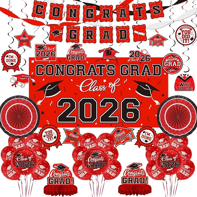 Red Themed 2026 Graduation Decorations Set - Congrats Grad Banner, Class of 2026Backdrop, Balloons & Streamers Kit - Complete Party Supplies for High School & College Celebrations