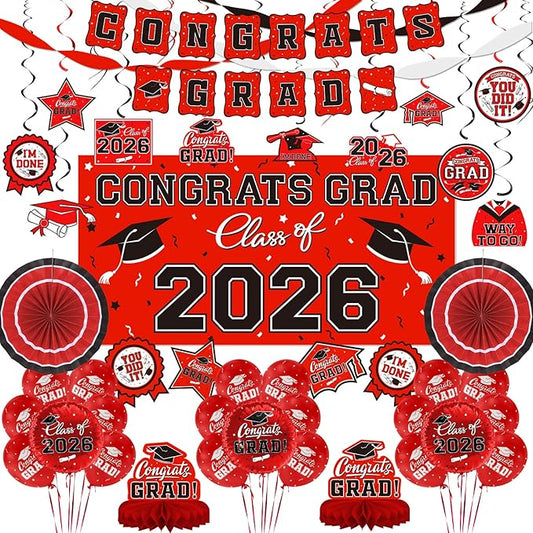 Red Themed 2026 Graduation Decorations Set - Congrats Grad Banner, Class of 2026Backdrop, Balloons & Streamers Kit - Complete Party Supplies for High School & College Celebrations