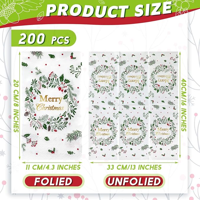 Karenhi 200 Pcs Merry Christmas Guest Napkins Holly Berry Disposable Hand Towel for Bathroom 2 Ply Xmas Decorative Napkin Bathroom Paper Hand Towels Christmas Party Decor for Winter Party Holiday