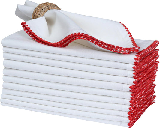 Bedding Craft Cotton Cloth Dinner Napkins Set of 12 –18x18 Poppy Red Cloth Napkins with Colored Edge Embroidery – Elegant Washable Fabric Napkins for Wedding Reception, Dining Tables & Party Settings