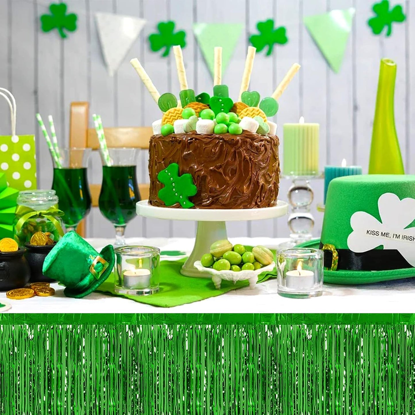 6 Pack 29x108 Inch Green Metallic Foil Fringe Table Skirts Banner for Tinsel Streamer Garland Curtains Backdrop for Parade Floats Wedding Baby Shower Birthday Christmas Halloween Party Decoration