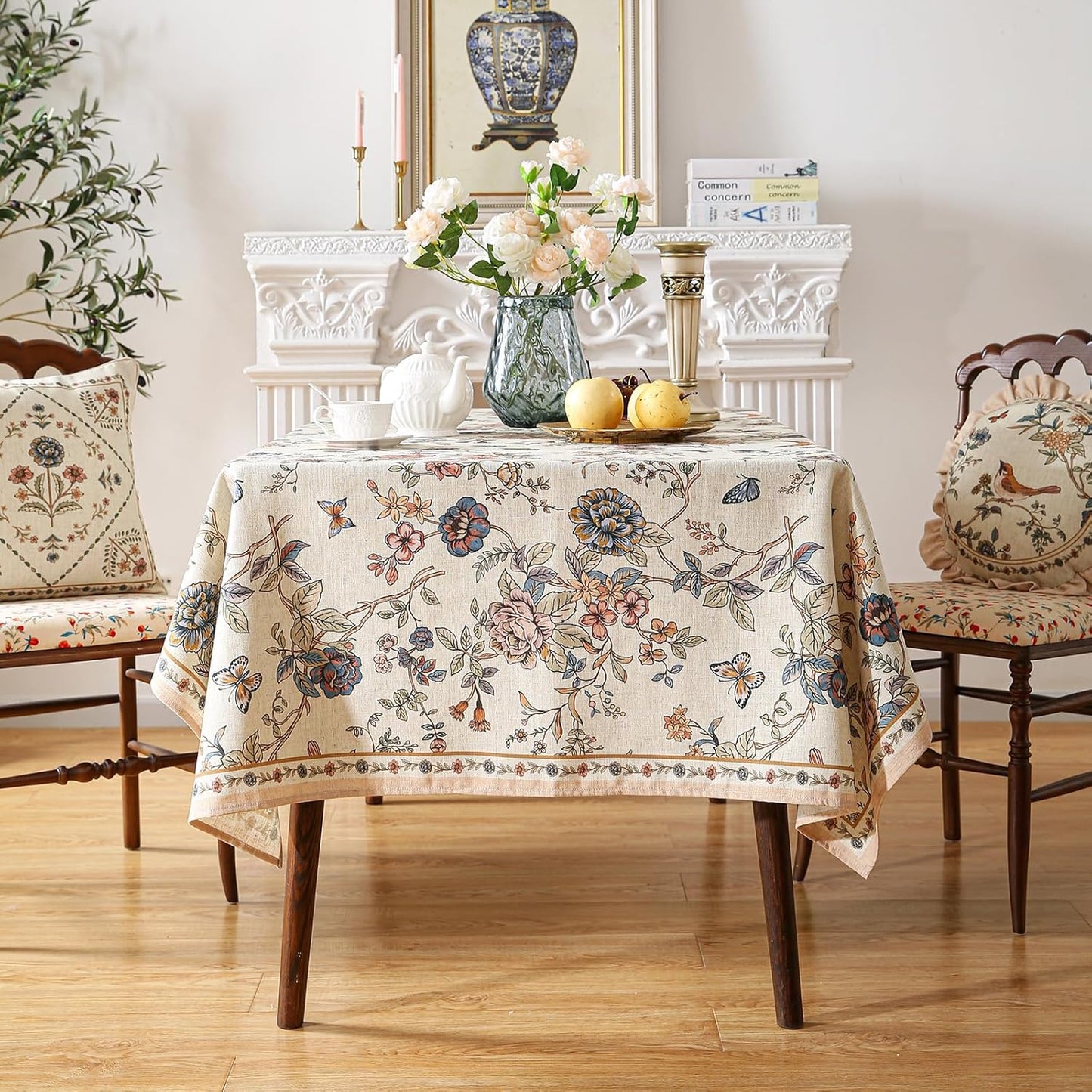 ISAENNE Designer French Light Beige Long Tablecloth Rectangle,Linen Florals and Birds Pattern Table Cloth,Anti-Wrinkle Decorative Tablecloths for Dining Thanksgiving Kitchen,63"*102"-Cornucopia