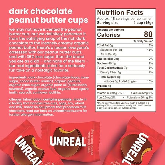 UNREAL Dark Chocolate Peanut Butter Cups (40 Individually Wrapped Cups) | Vegan, 5g Sugar | Gluten Free, Fair Trade, Non-GMO | .53oz each