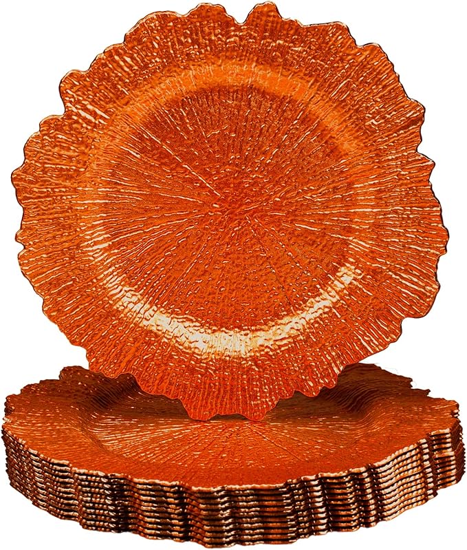 MAONAME 13" Orange Charger Plates, Round Reef Chargers for Dinner Plates, Plastic Plate Chargers for Table Setting, Wedding Decor, Set of 12