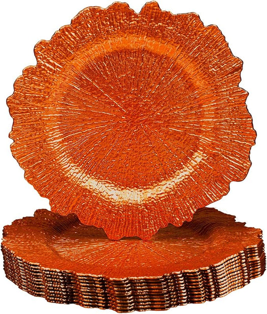 MAONAME 13" Orange Charger Plates, Round Reef Chargers for Dinner Plates, Plastic Plate Chargers for Table Setting, Wedding Decor, Set of 12