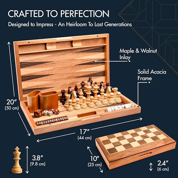 Pointworks 17 Inch Chess Checkers Backgammon Set for adults, Wooden chess set combo, portable folding two sided board multi game design, maple walnut inlay with large weighted pieces, acrylic checkers