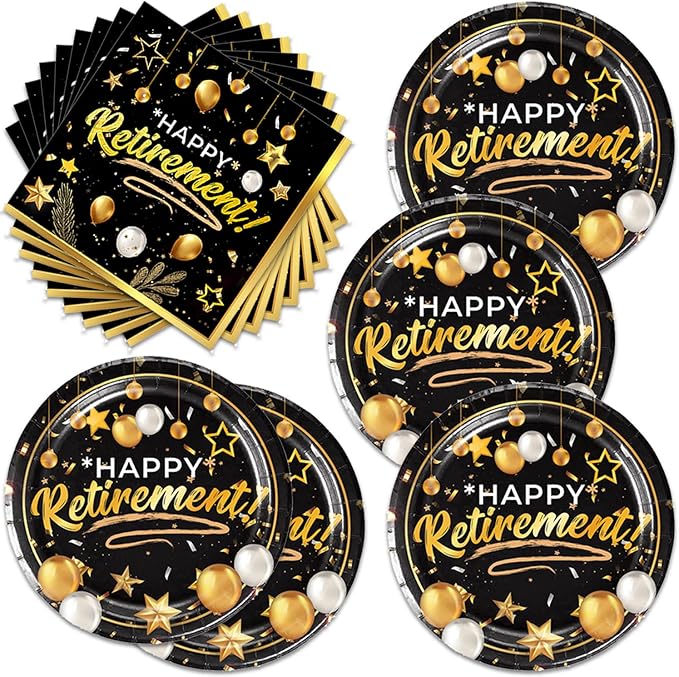 40pcs Retirement Party Tableware Set Happy Retirement Supplies Black and Golden Retirement Party Dessert Plates Napkins for 20 Guests Retirement Party Favors